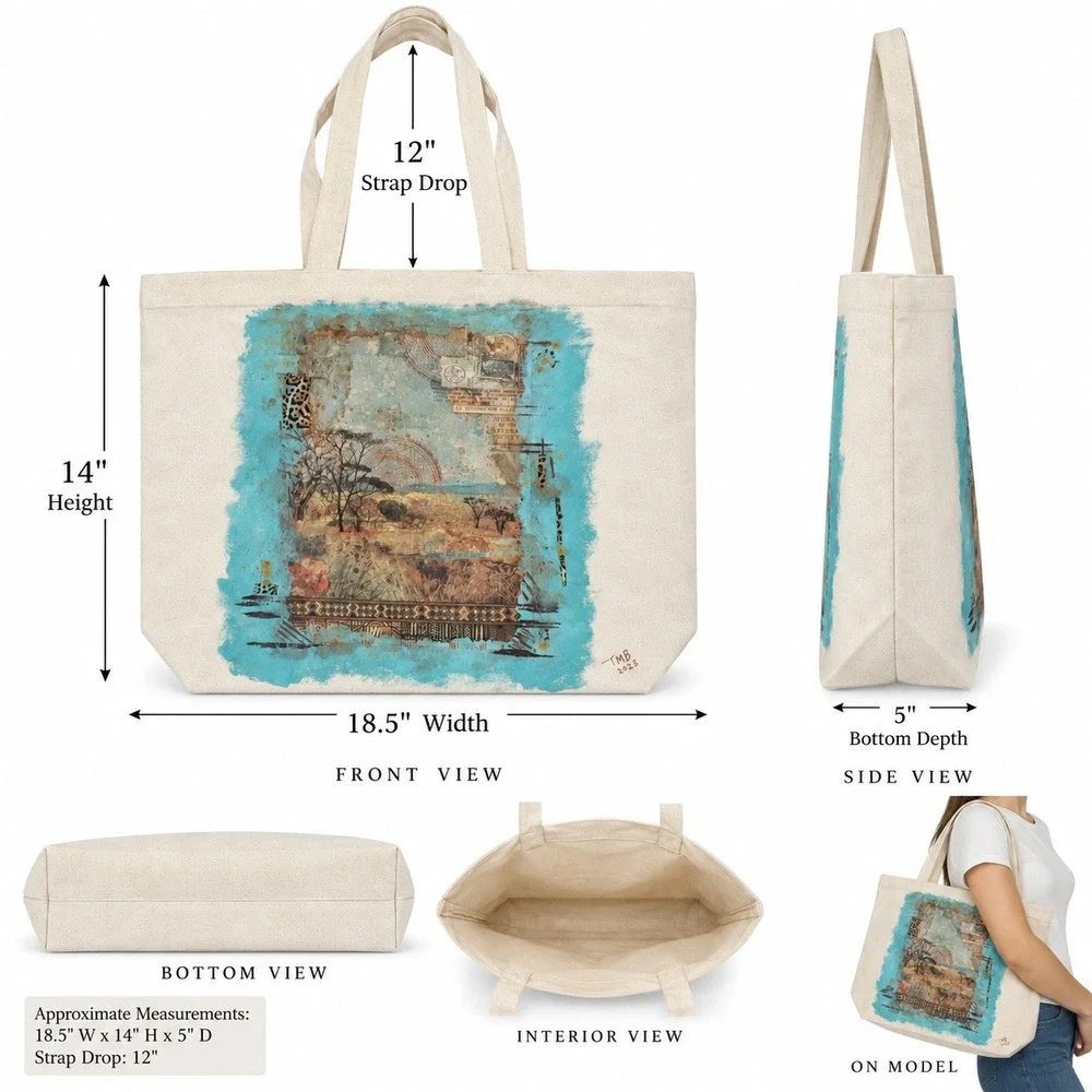 Decoupage Canvas Tote Bag African Savanna Wildlife Elephant Giraffe Boho Art